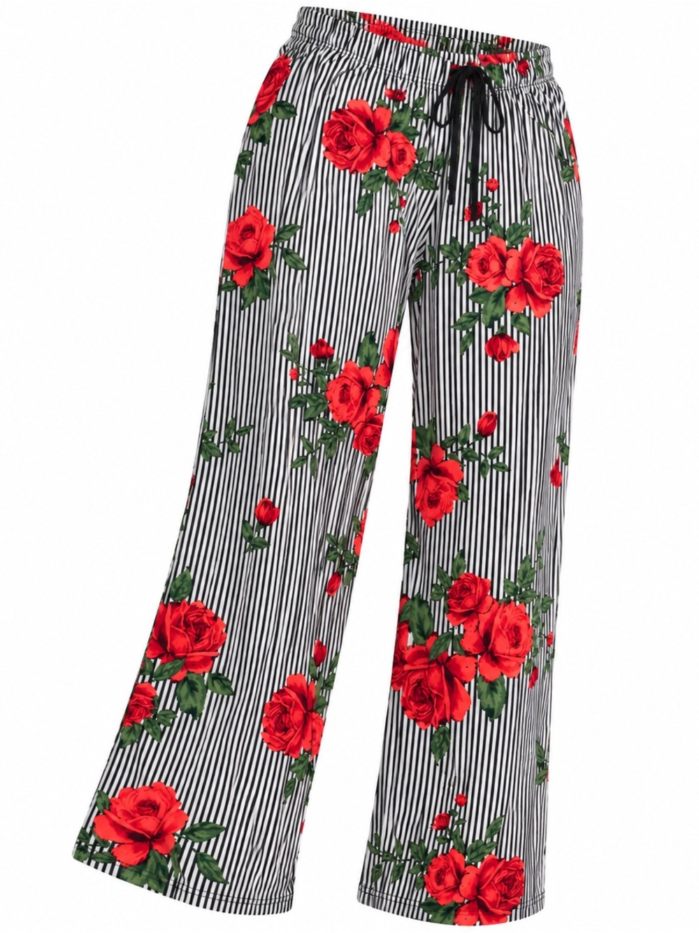 Bobbie Brooks Black & White Striped Pajama Pants with Red Rose Print